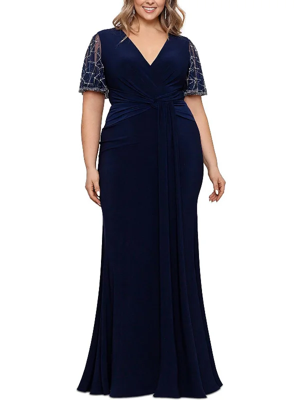 Short Sleeve Party Dress for Summer Gatherings -Plus Womens Embellished Maxi Evening Dress