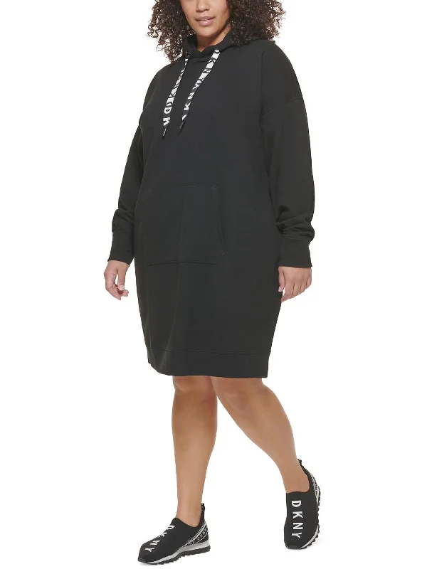 Women's Button-up Long Shirt Dress-Plus Womens Fleece Hoodie Sweatshirt Dress