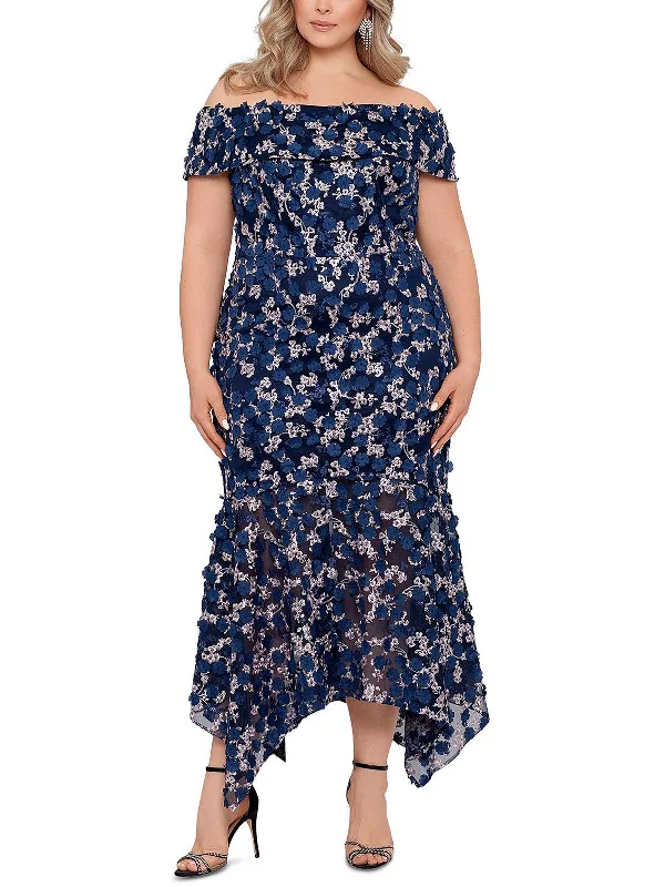 Off-White Party Dress for Winter Weddings -Plus Womens Floral Off-The-Shoulder Evening Dress
