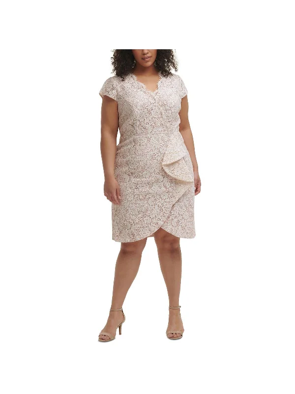 Mini Bodycon Party Dress with Mesh Detail -Plus Womens Lace Ruffle Cocktail and Party Dress