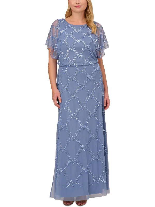 Satin Slip Dress for Sexy Evening Look -Plus Womens Mesh Embellished Evening Dress