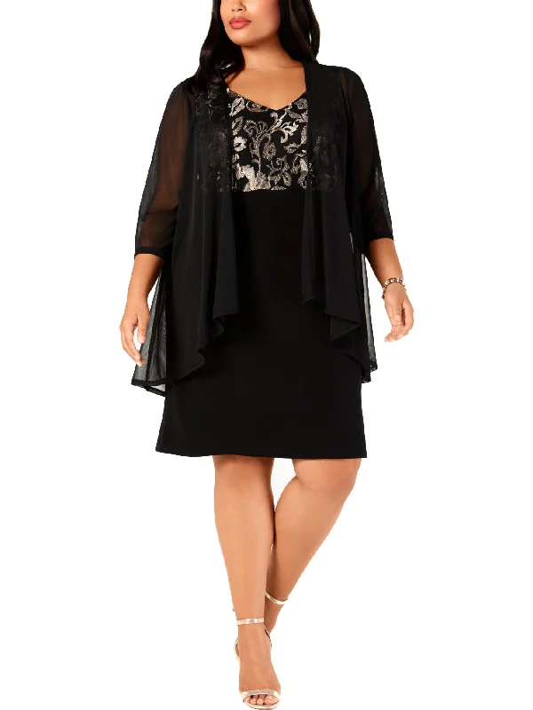 Floral Embroidered Party Dress for Feminine Touch -Plus Womens Metallic Sheer Cocktail Dress