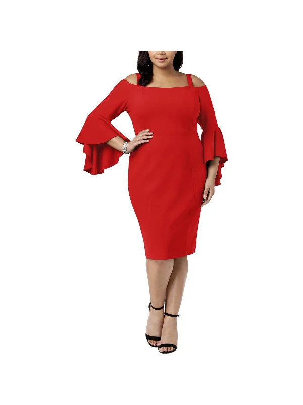 Stretch Fit Party Dress for Comfortable Night -Plus Womens Off-The-Shoulder Bell Sleeves Cocktail Dress
