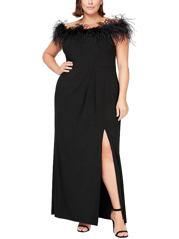 Bow Detail Party Dress for Sweet Vibe -Plus Womens Off-The-Shoulder Feather Evening Dress