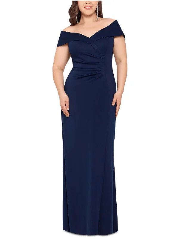 Blue A-line Party Dress for Fun Look -Plus Womens Ruched Long Evening Dress