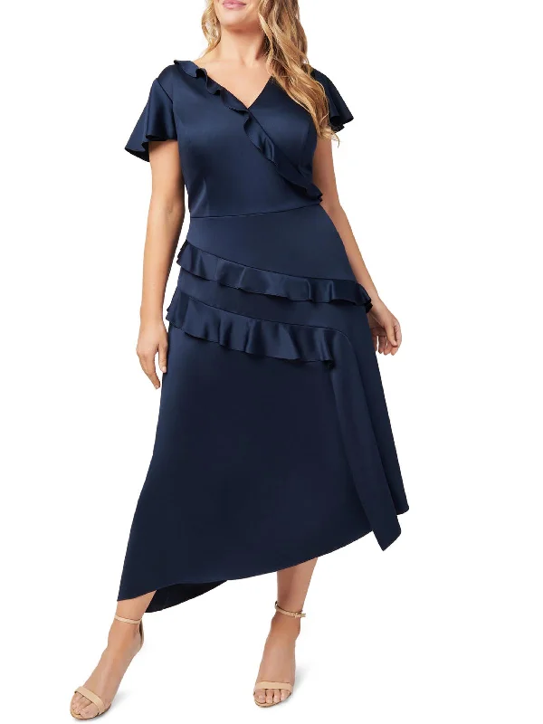Plunging Neckline Party Dress for Night Events -Plus Womens Satin Ruffled Cocktail and Party Dress