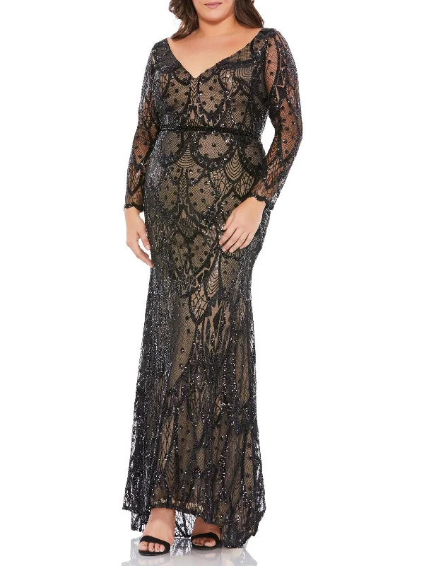 Tulle Layered Party Dress for Volume -Plus Womens Sequined V-Neck Evening Dress