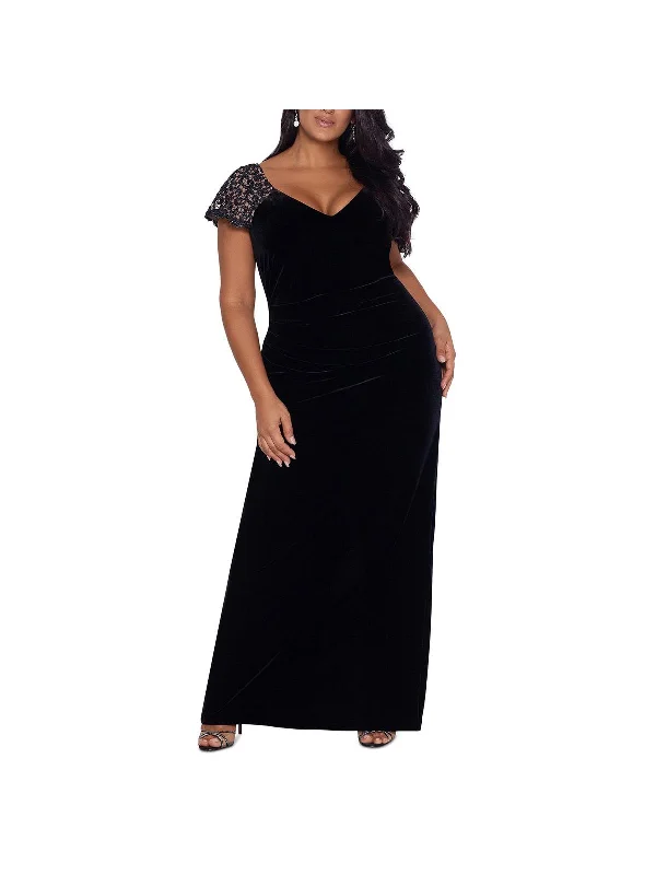 Two-Tone Party Dress for Stylish Appeal -Plus Womens Velvet V-Neck Evening Dress