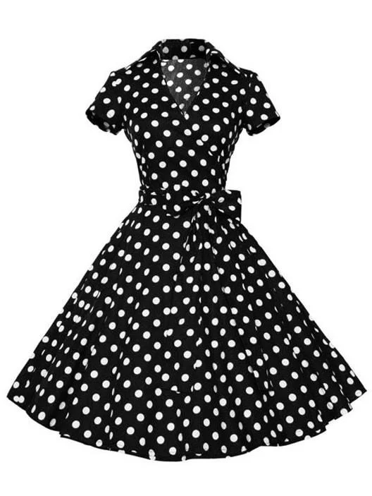 Casual Flare Dress -Polka Dot Belt Wrap Flare Dress
