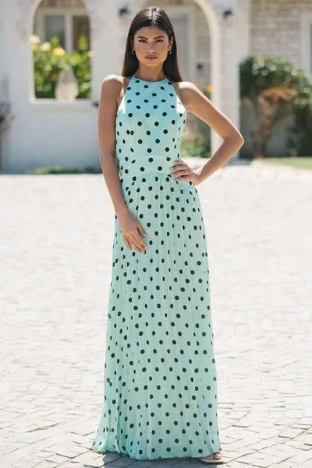 Women's Wrap-around Maxi Dress-Polka Dot Halterneck Maxi Dress Mint
