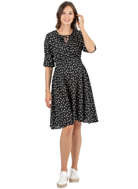 Maternity Dresses for Outdoor Parties -Polka Dot Maternity & Nursing Dress in Crepe - Black Maternity Dresses for Outdoor Parties -Polka Dot Maternity & Nursing Dress in Crepe - Black