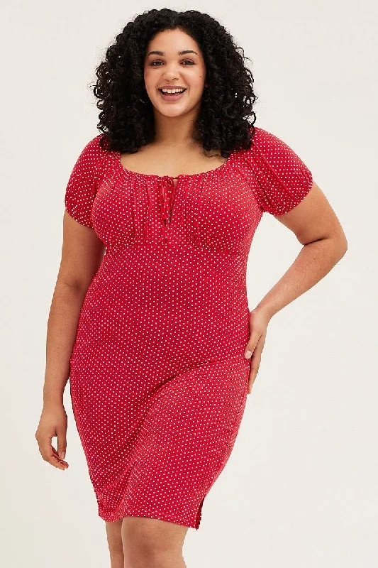 Off-shoulder Dress for Women -Polka Dot Short Puff Sleeve Red Spot Bodycon Dress