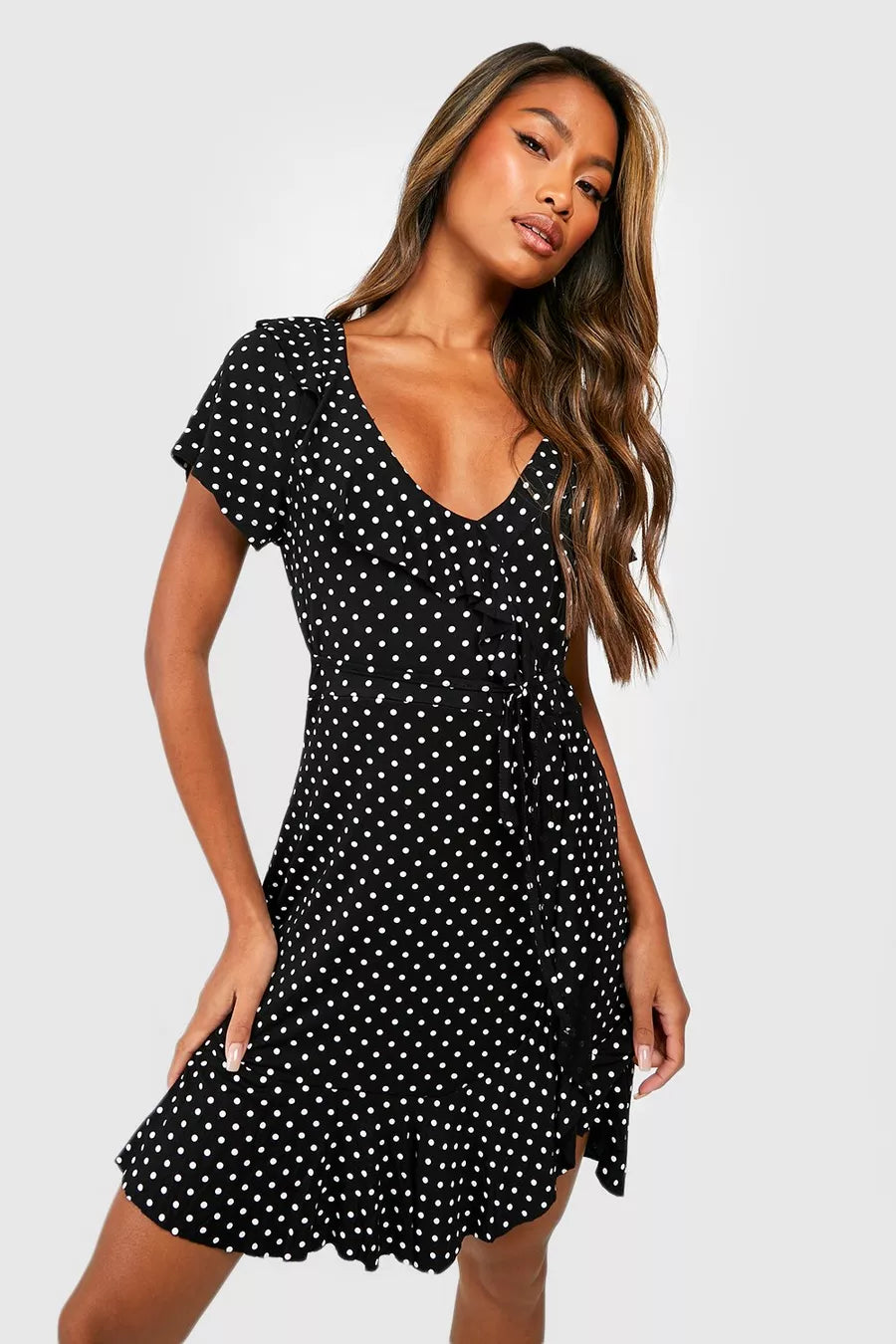 Wrap Dress with Layered Fabric -Green Floral Wrap Dress -Polka Dot Wrap Front Ruffle Tea Dress Wrap Dress with Layered Fabric -Green Floral Wrap Dress -Polka Dot Wrap Front Ruffle Tea Dress