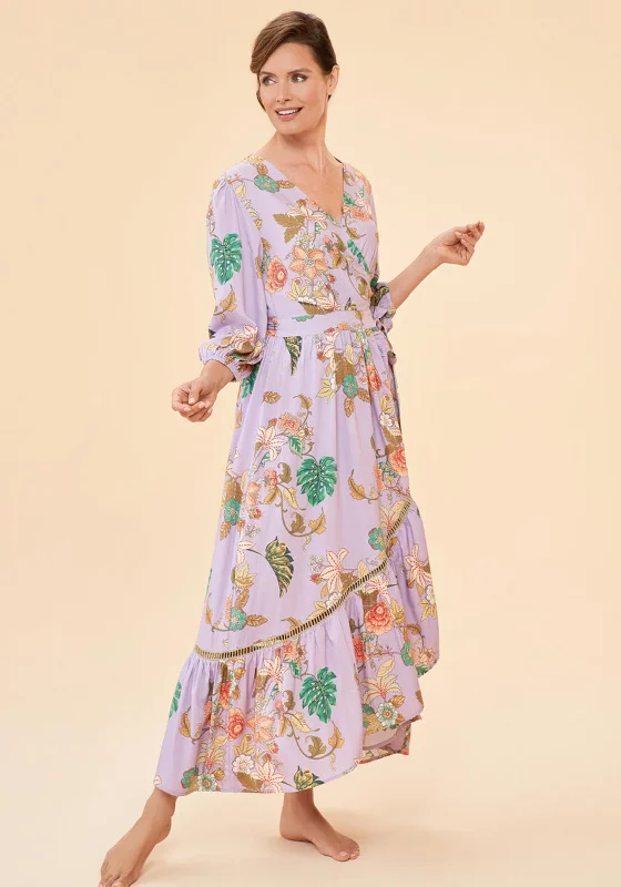 Wrap Dress for Daytime Events -Boho Chic Wrap Dress -Powder Prancing Tiger Wrap Dress, Lilac Wrap Dress for Daytime Events -Boho Chic Wrap Dress -Powder Prancing Tiger Wrap Dress, Lilac