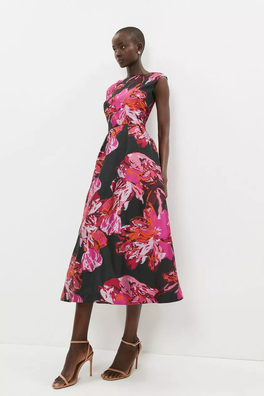 Women's Short Sleeve Floral Maxi Dress-Premium Jacquard Maxi Dress