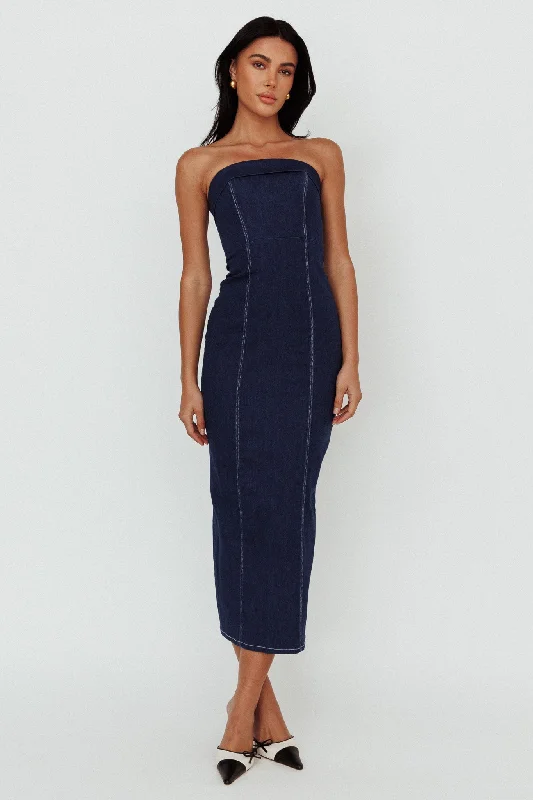 Women's Empire Waist Maxi Dress-Press Play Strapless Maxi Dress Indigo