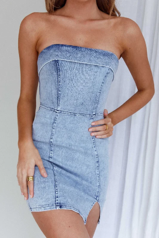 Women's Mini Dress with Sleeves-Press Play Strapless Mini Dress Denim Blue