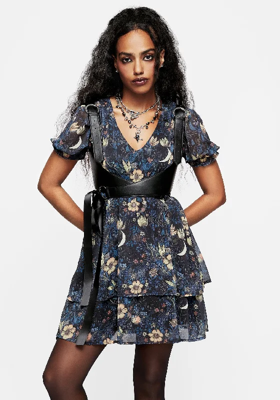 Women's Cold Shoulder Peplum Mini Dress-Primrose Floral Chiffon Puff Sleeve Layered Mini Dress