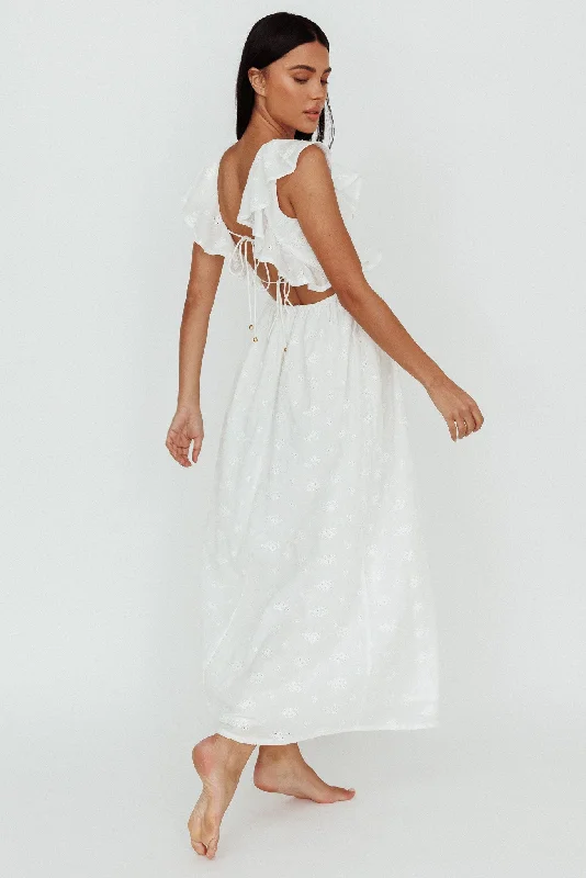Women's Printed Halter Maxi Dress-Primrosia Tied Back Maxi Dress Eyelet White