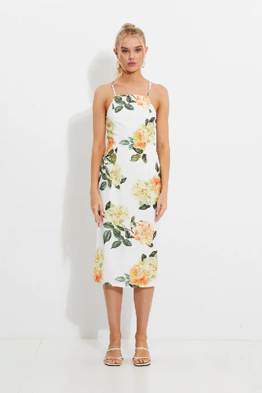 Satin Slip Dress with Deep Back -Satin Slip Dress with Sheer Lace Skirt -Print Designer Yellow Rose Racer Neck Slip Midi Dress