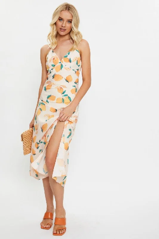 Elegant Slip Dress with Side Slit -Red Satin Slip Dress for Birthday Party -Print Slip Dress