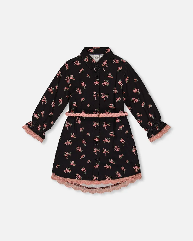Comfortable Shirt Dress-Printed Flowers Viscose Shirt Dress With Belt