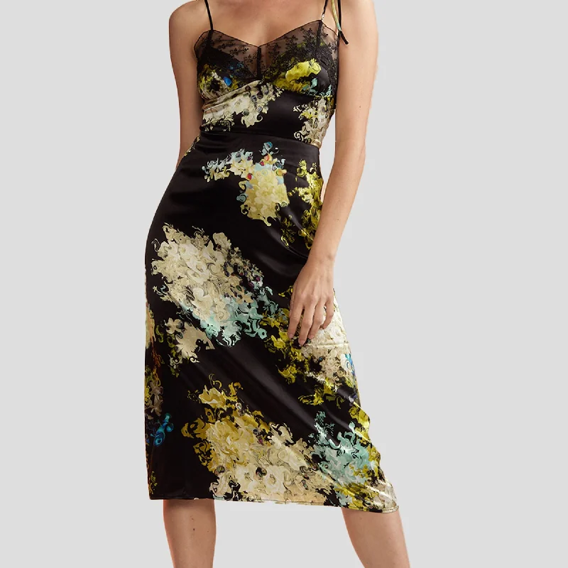 Satin Slip Dress with Flared Hem -Satin Slip Dress with Pleated Front -PRINTED SLIP DRESS