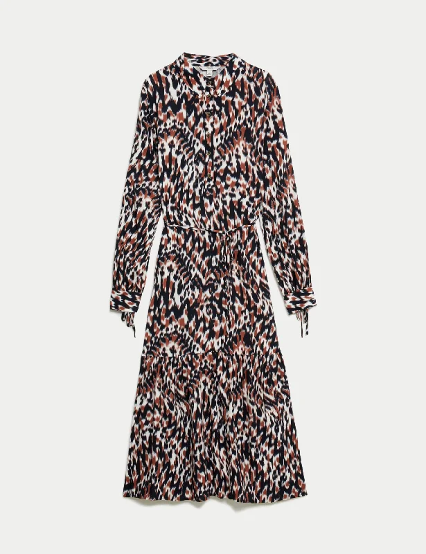 Casual Comfortable Shirt Dress-Printed Tie Waist Midi Shirt Dress