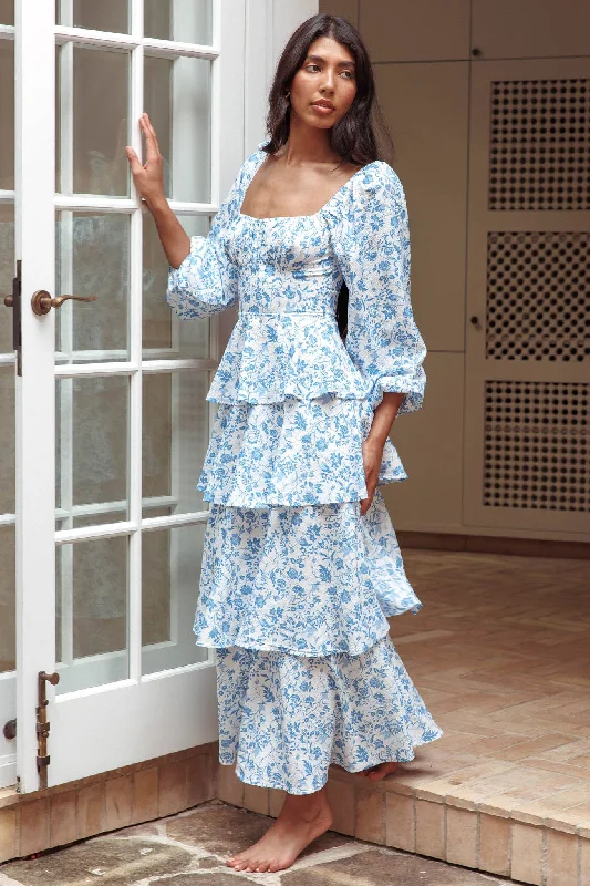 Women's Red Maxi Dress-Provence Bloom Long Sleeve Maxi Dress Floral Blue