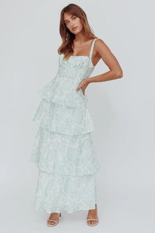 Women's Formal Maxi Dress-Provence Bloom Tiered Maxi Dress Floral Sage