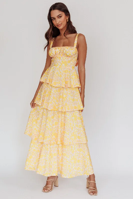 Women's Casual Shift Maxi Dress-Provence Bloom Tiered Ruffle Floral Maxi Dress Yellow