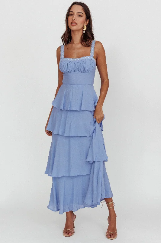 Women's Black Maxi Dress-Provence Bloom Tiered Ruffle Maxi Dress Blue