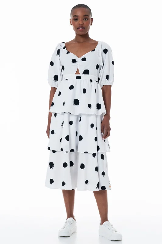 Women's High-waisted Midi Dress-Puff Sleeve Dress _ 152161 _ Optic White