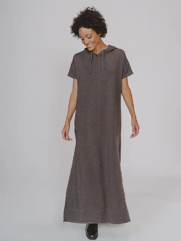 Women's Asymmetrical Hem Maxi Dress-Puremeso Hooded Maxi Dress in Charcoal