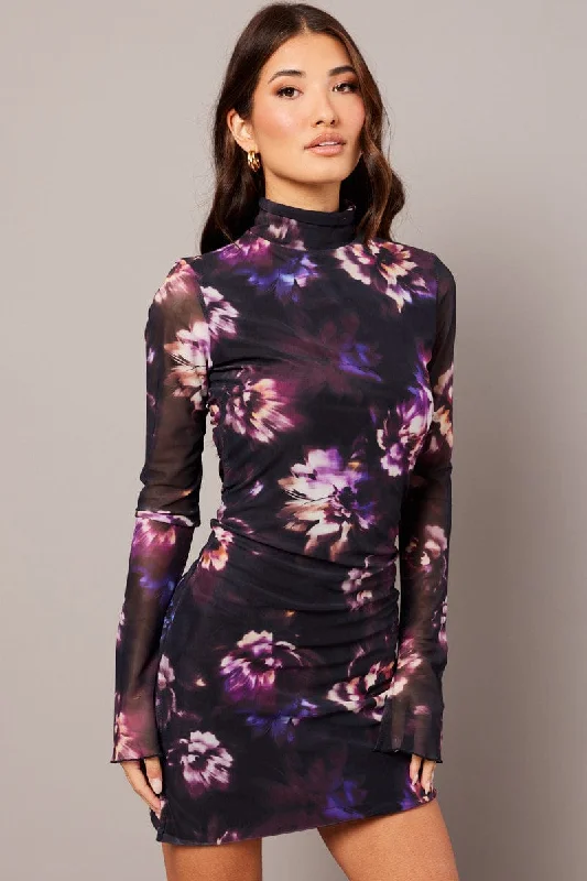 Off-shoulder Satin Bodycon Dress -Purple Abstract Bodycon Dress High Neck Mini Long Sleeve