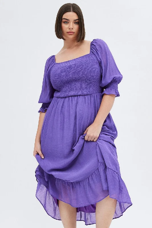 Women's Bohemian Print Maxi Dress-Purple Maxi Dress Half Sleeve Shirred