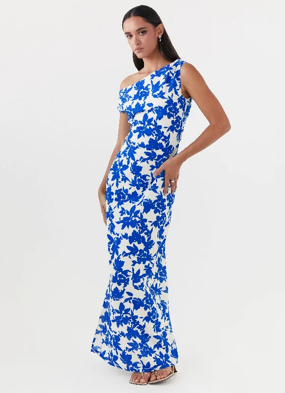 Women's Maxi Dress with Beads-Pyper Off Shoulder Maxi Dress - Blue Floral