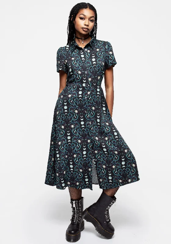 Button-down Plaid Shirt Dress-Pythia Print Midi Shirt Dress