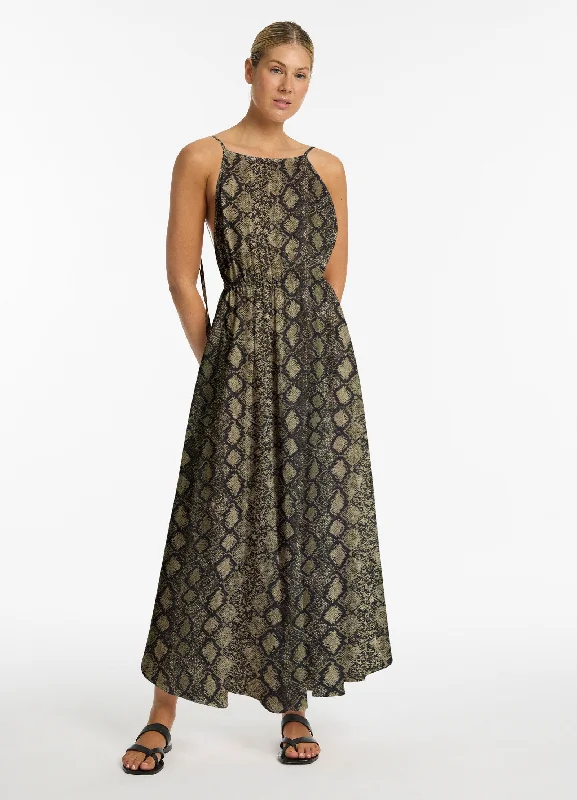 Women's Flared Sleeves Maxi Dress-Python Backless Maxi Dress - Olive