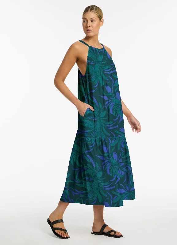Women's Floral Print Long Maxi Dress-Queen Of The Night Tiered Halter Maxi Dress - Azul