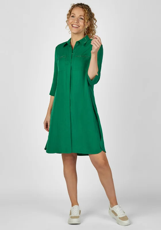 Cropped Shirt Dress-Rabe Embellished Pockets Knee Length Shirt Dress, Green
