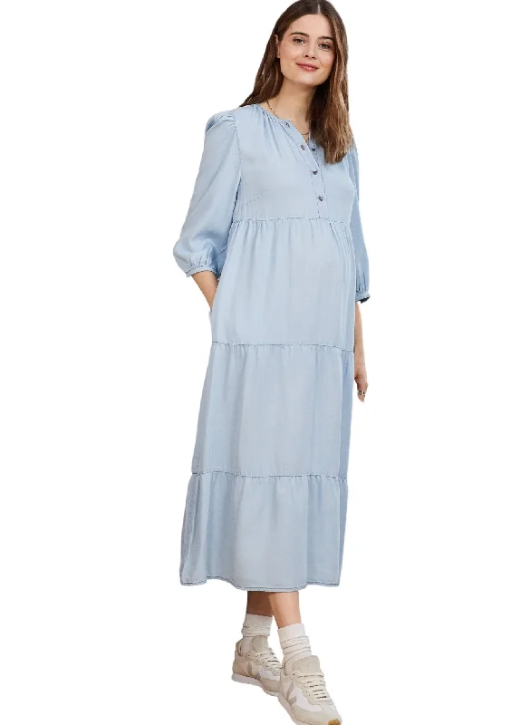 Maternity Dresses with Button Front -Raffa Chambray Maternity Dress with Tencel