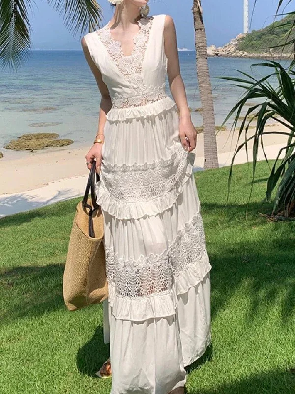 Women's Striped Maxi Dress-Raina Maxi Dress in White