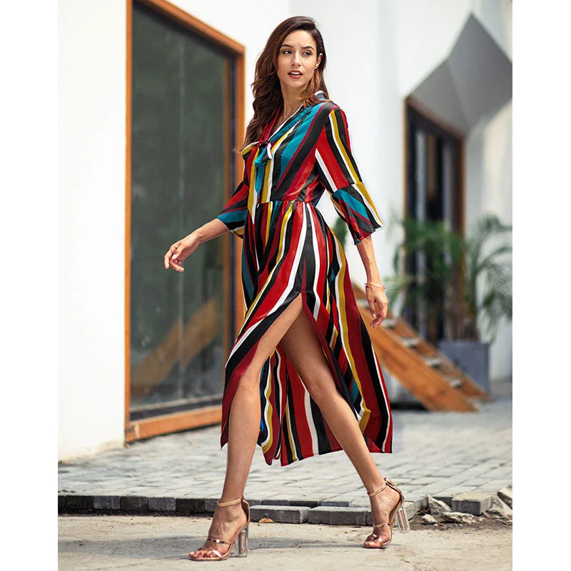 Sweetheart Neck Party Dress for Romantic Look -Rainbow Striped Bow Long Dress Women Fashion Split Hem Slim A-line Dresses Spring Autumn Ladies Elegant Party Dress High Quality
