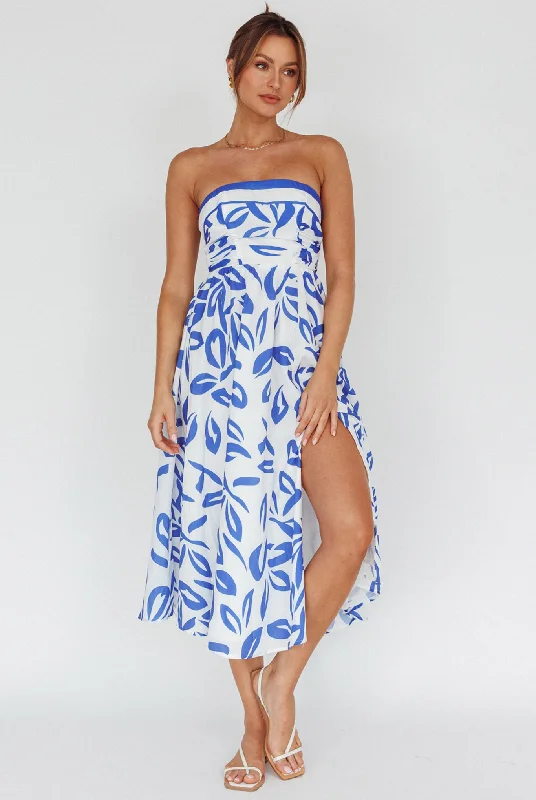 Women's Empire Waist Maxi Dress-Randi Tie-Back Maxi Dress Leaf Print Blue