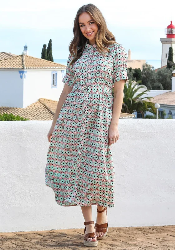 Warm Wool Shirt Dress-Rant & Rave Blossom Print Midi Shirt Dress, Green Multi