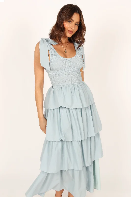 Women's Off-shoulder Lace Maxi Dress-Raphael Tiered Maxi Dress - Blue