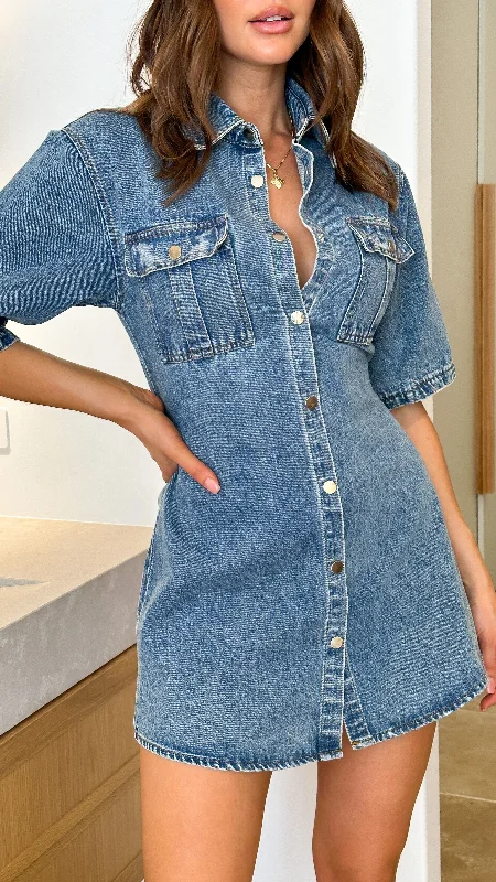 Women's Embellished Bodycon Mini Dress-Raz Mini Dress - Mid Denim