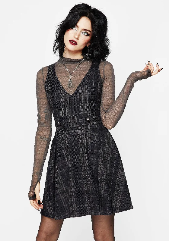 Women's Black Strapless Mini Dress-Reckless Check Mini Pinafore Dress