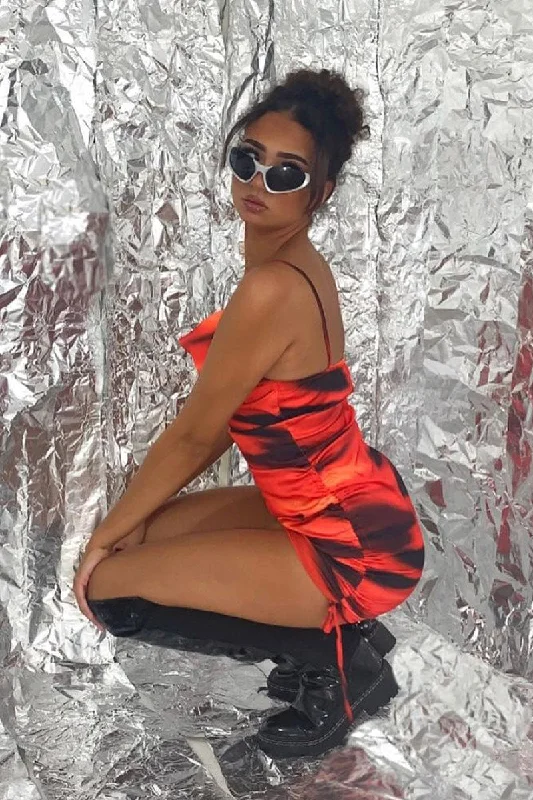 Women's Holiday Mini Dress-Red Abstract Print Cowl Neck Side Ruched Mini Dress - Vida Women's Holiday Mini Dress-Red Abstract Print Cowl Neck Side Ruched Mini Dress - Vida